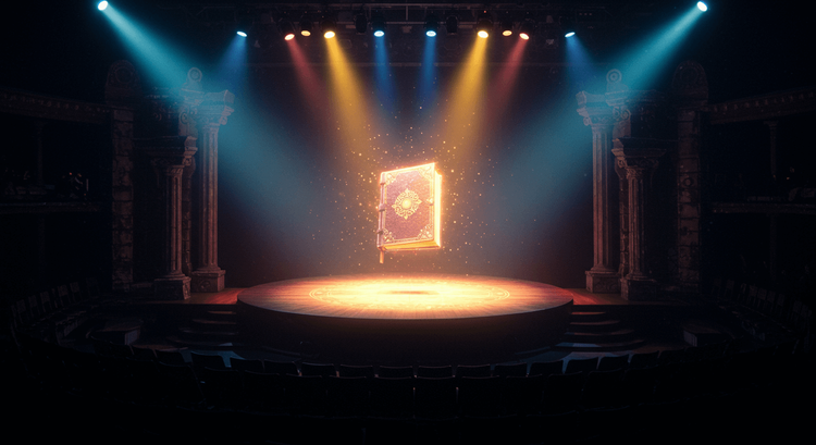 A magic book hangs in the spotlights of a theater