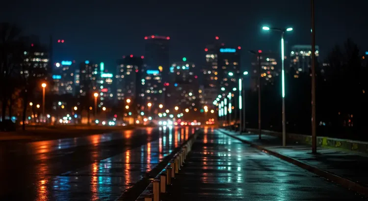 LED streetlights illuminating a city street at night