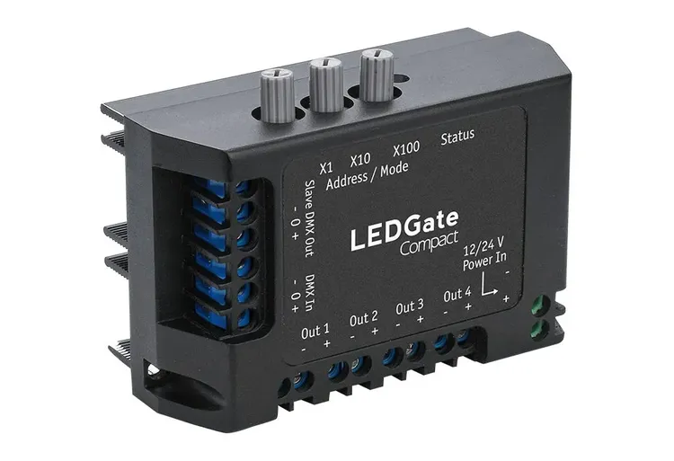 LEDGate Compact Ultra compact 8/16 bit universal 12-24V DC with RDM functionality constant voltage DMX LED controller designed for use in theatrical scenery Sundrax Entertainment