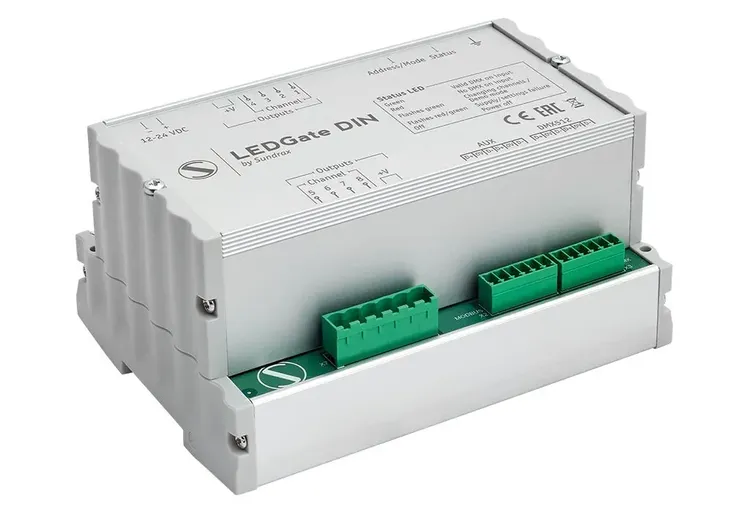 LEDGate DIN 8/16 bit universal 12-24V DC with RDM functionality constant voltage DMX LED controller for DIN rail installation Sundrax Entertainment