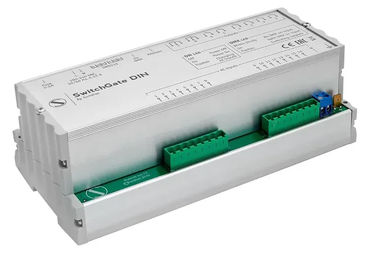 SwitchGate DIN 8 channel DMX switching unit with RDM functionality for DIN rail installation