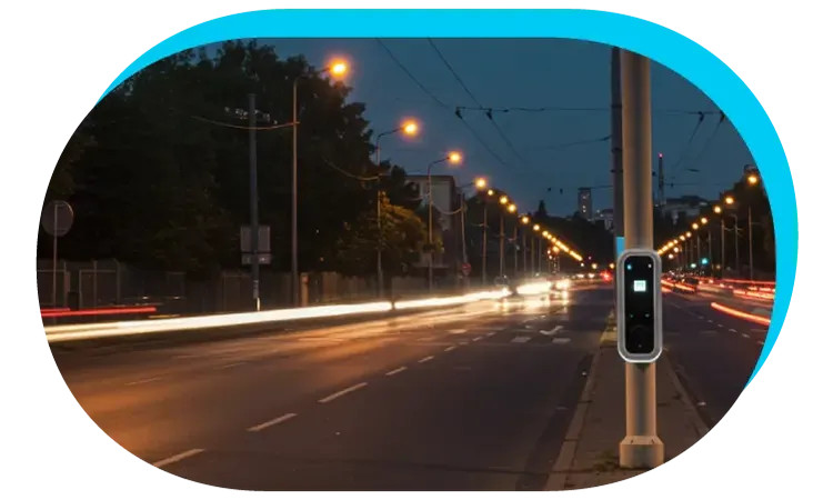 Modern urban electric pole featuring multiple sensors, LED lighting, and wireless communication technology in a cityscape