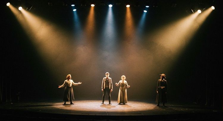 A dramatic theatre stage with expressive lighting, showing how spotlights and shadows shape mood and focus in a performance.
