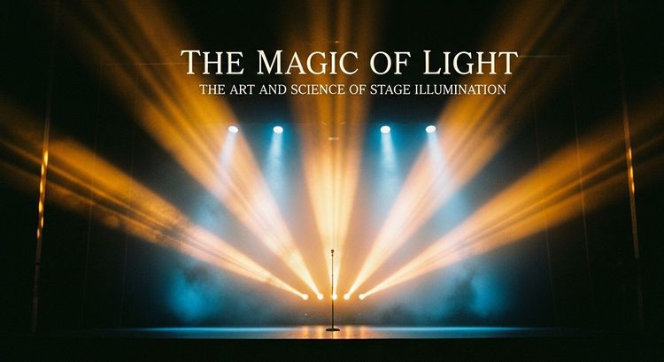 A symbolic cover image showing the balance between art and technology in stage lighting. Warm and cool beams converge toward the center stage, expressing theatrical focus and atmosphere.