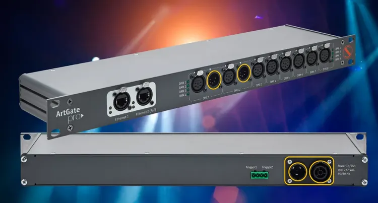 Close-up of a 5-pin XLR True DMX output port on a Sundrax ArtGate Pro, labeled for easy identification. 