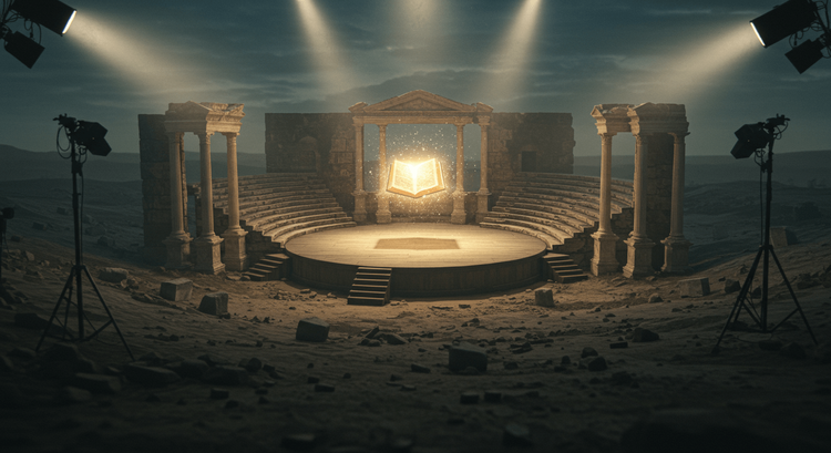 An open magical book glowing with light, placed at the center of an ancient stone amphitheater at night