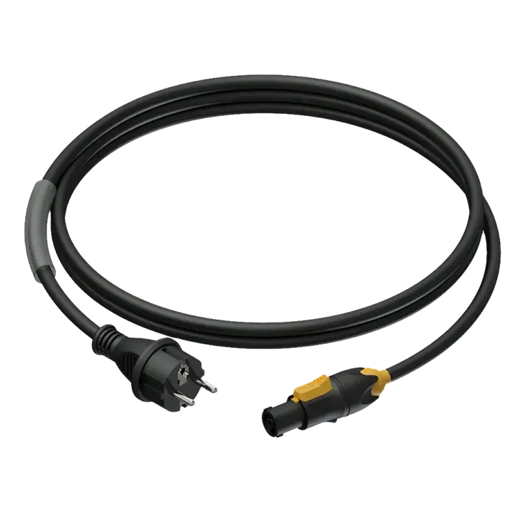 A 1.5m power cable connecting powerCON TRUE1 to Type F plugs, suitable for European power outlets.