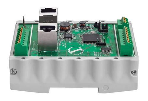 PixelGate DIN controller mounted on a standard DIN rail with rugged aluminum housing